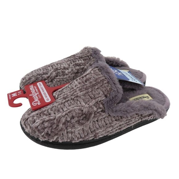 Dearfoams Women Medium 7-8 Grey Chenille Cable Knit Faux Fur Slide Slippers NEW - Picture 1 of 13